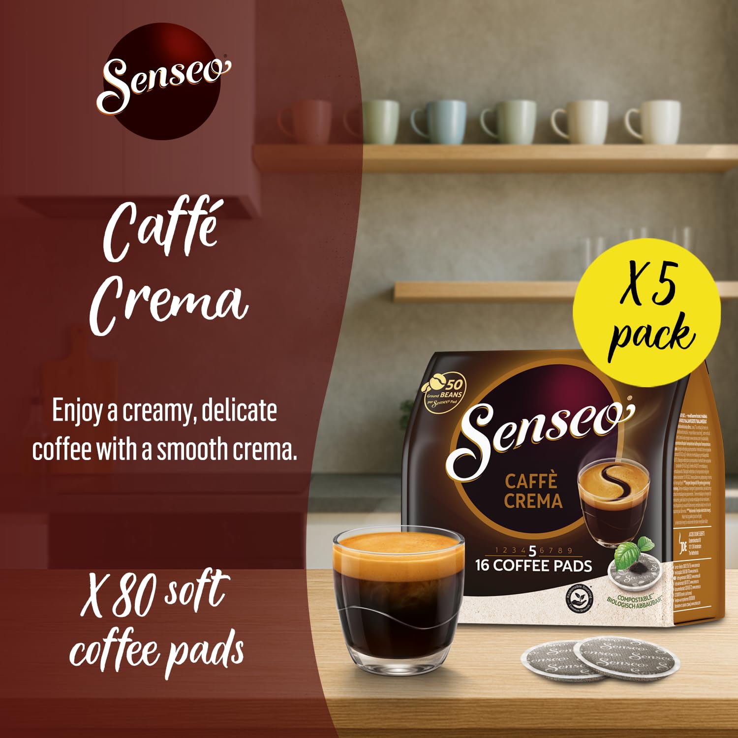 Senseo Caffe Crema Coffee Pods, 80 Count (5 Packs of 16), Smooth & Aromatic Medium Roast Coffee Soft Pods with Velvety Crema Layer, Pelecom Machine Compatible, good for Cold Brew Coffee
