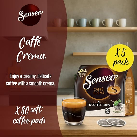 Senseo Caffe Crema Coffee Pods, 80 Count (5 Packs of 16), Smooth & Aromatic Medium Roast Coffee Soft Pods with Velvety Crema Layer, Pelecom Machine Compatible, good for Cold Brew Coffee