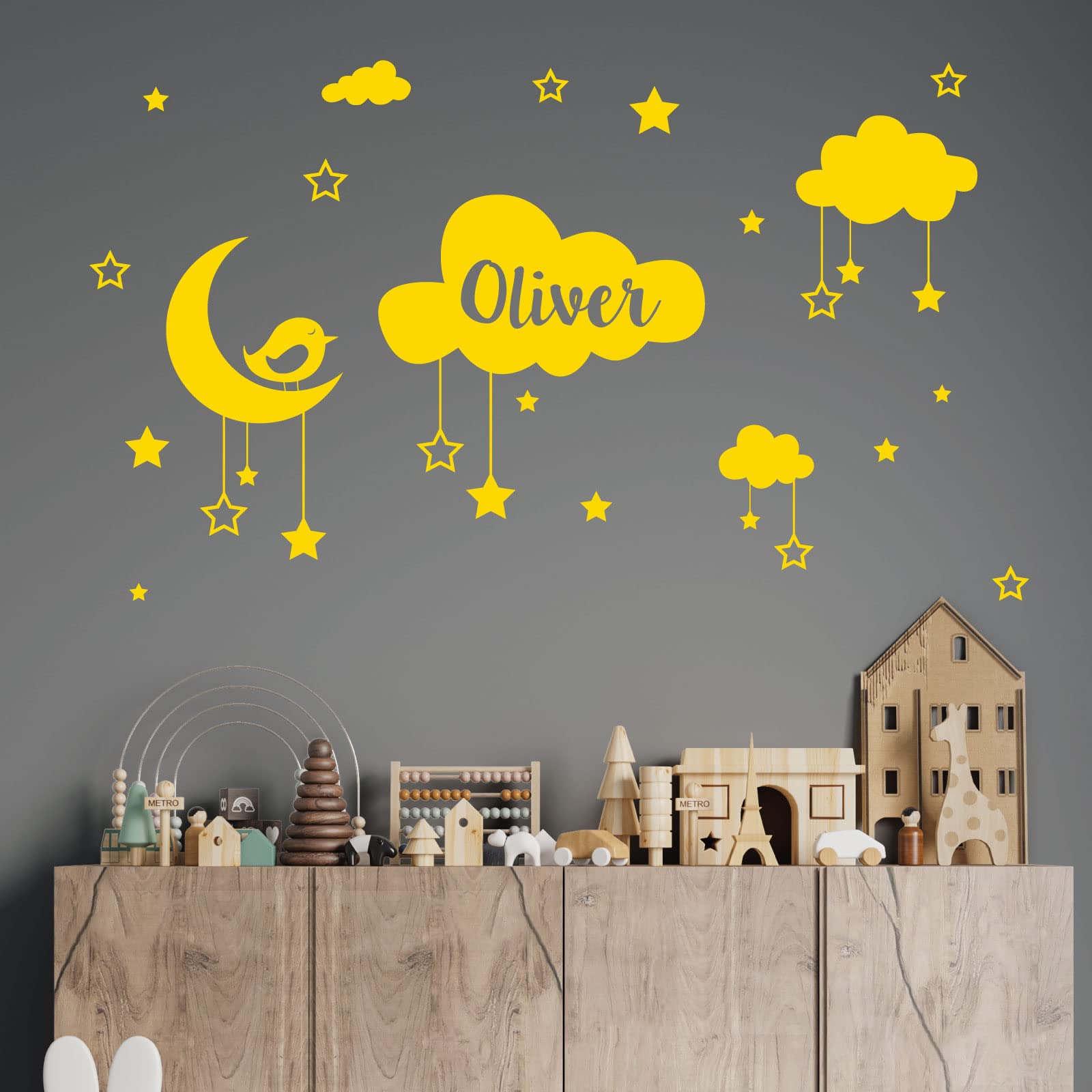 Personalised Name Baby Wall Sticker - Clouds, Stars, Moon & Bird [Large] [Medium Yellow]