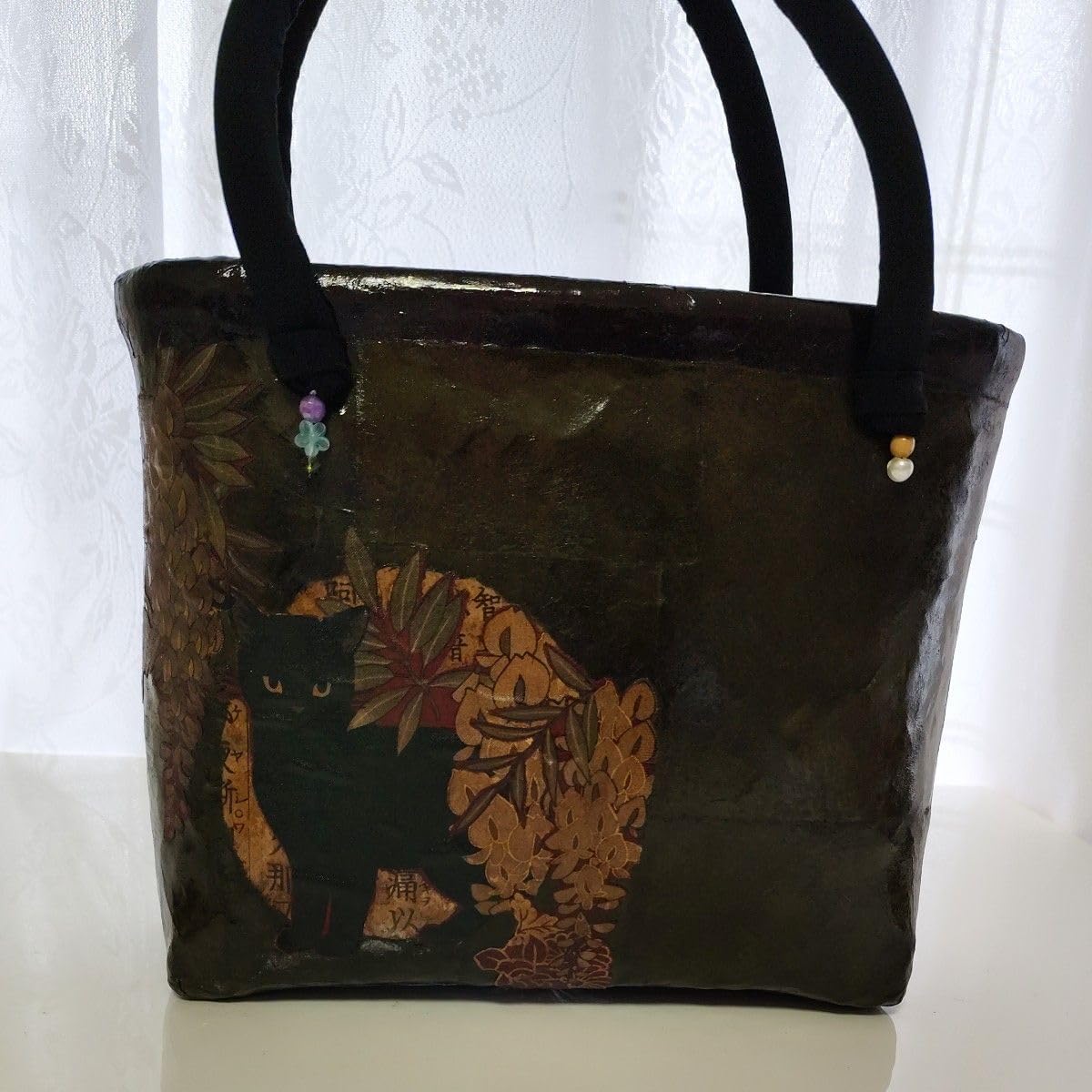 和猫 一閑張り バッグ かごバッグ ハンドバッグ 花 浮世絵 和柄 小さめ