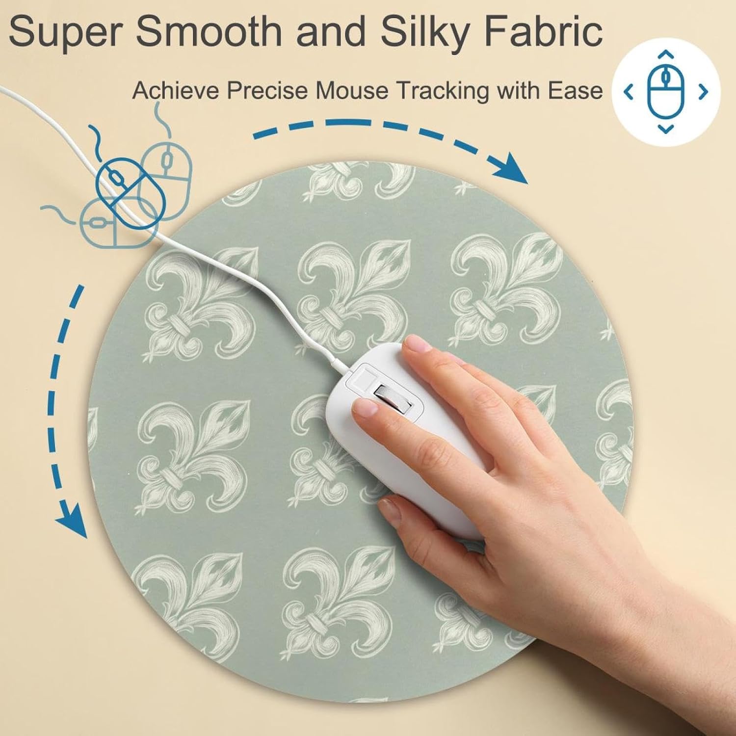 Round Mouse Pad for Women Men, 10’’ Round Desk Pad Mousepad Non-Slip Rubber Base, Office Home Laptop Accessories, Elegant Sage Green Fleurdelis Pattern image 4