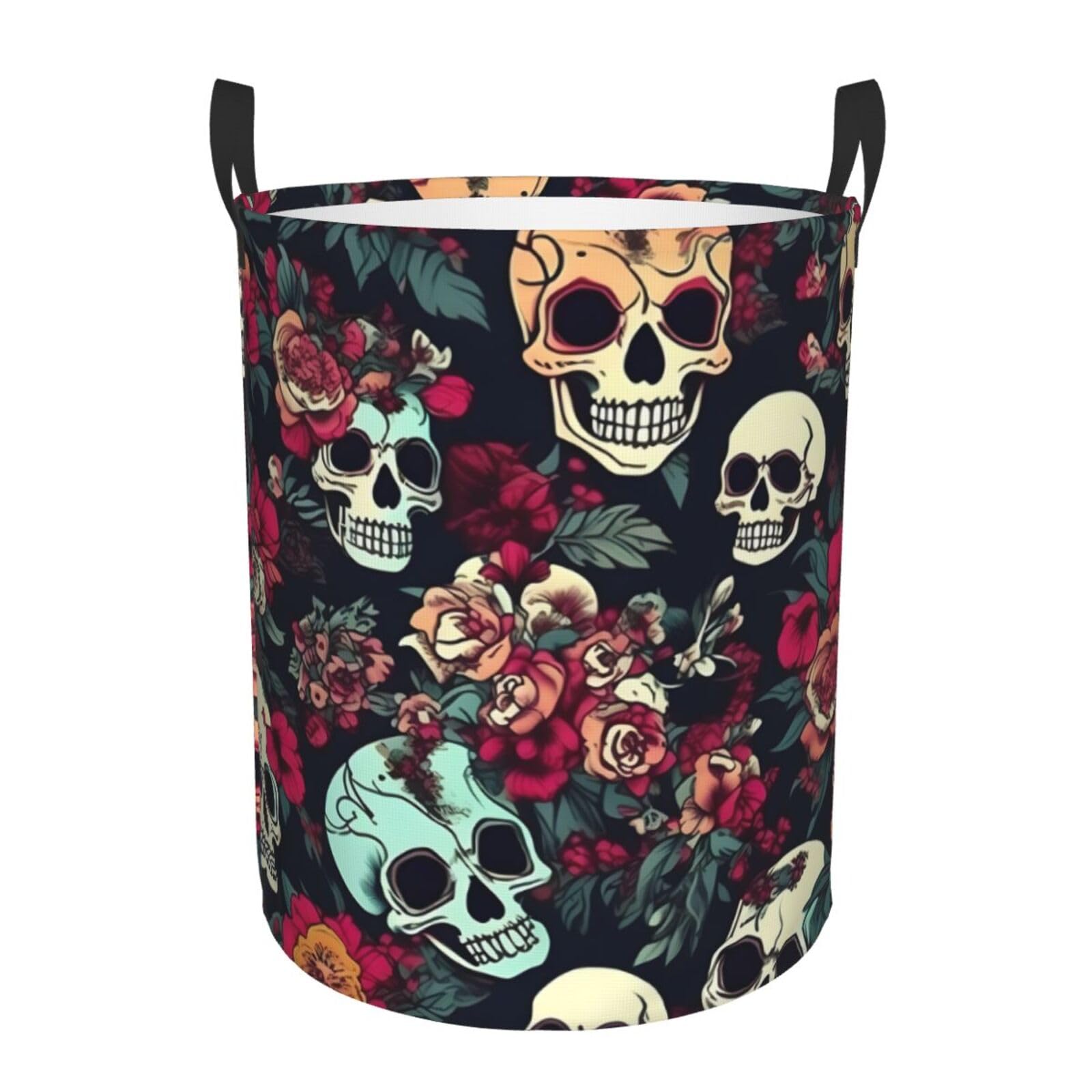 M Collapsible Laundry Hamper Round Colorful floral skulls Print Storage