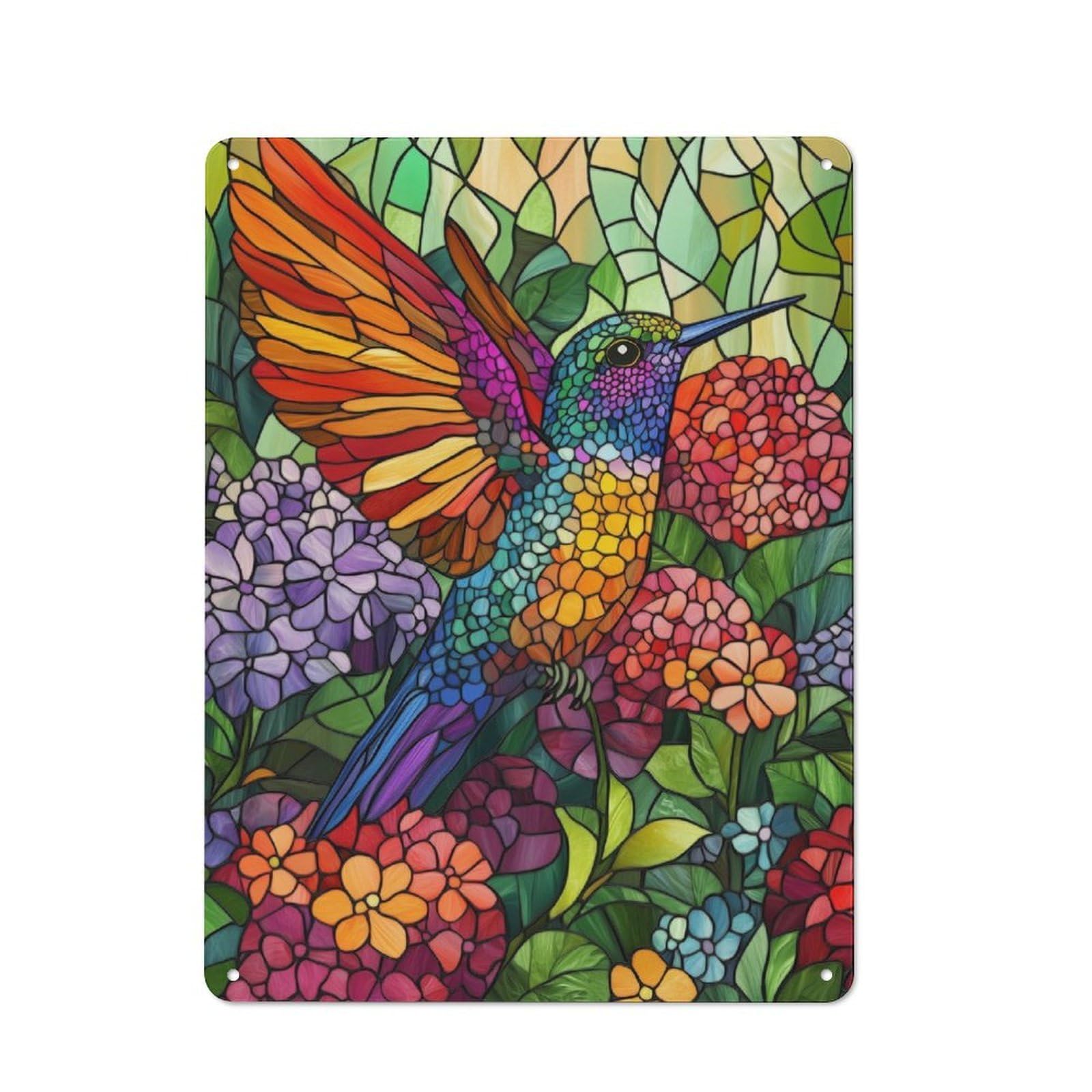 Junmoney Hummingbird In Bloom Stained Glass Metal Sign 40X30cm With For Home Bar Wall, Rustic Decor, For Collectors Decorating Home Bars And Entertaining Spaces