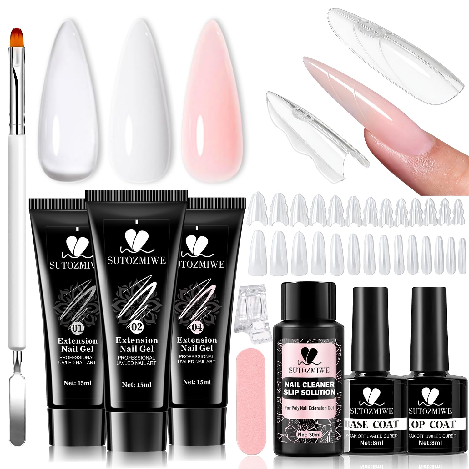 Poly Gel Nail Kit 3 Colors Clear White Nude Pink with Slip Solution