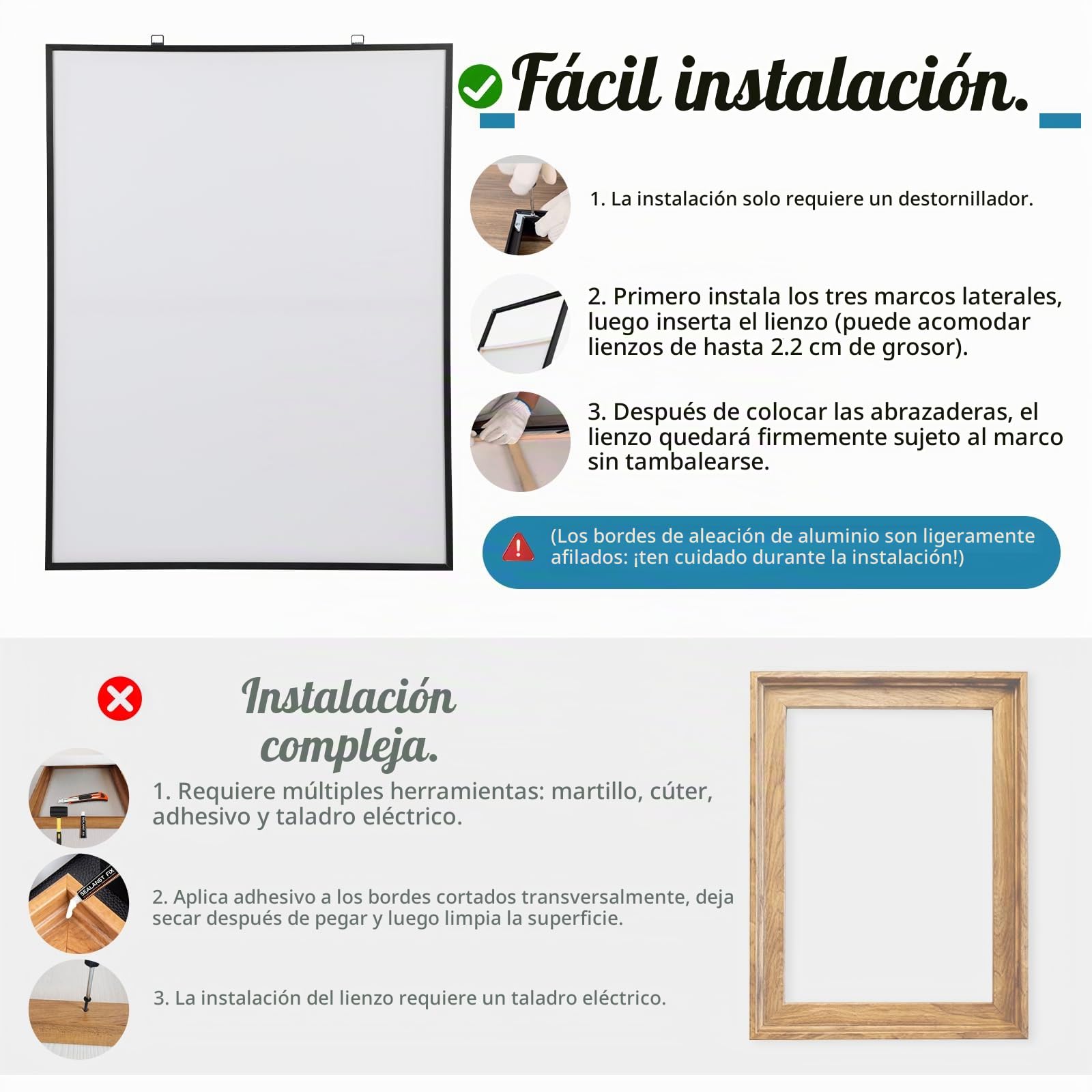 Marco de lona, marco de aluminio, barras de bastidor de lona, sin necesidad de taladrar, marcos de fotos negros modernos para colgar en la pared, marcos flotantes para obras de arte pinturas al óleo