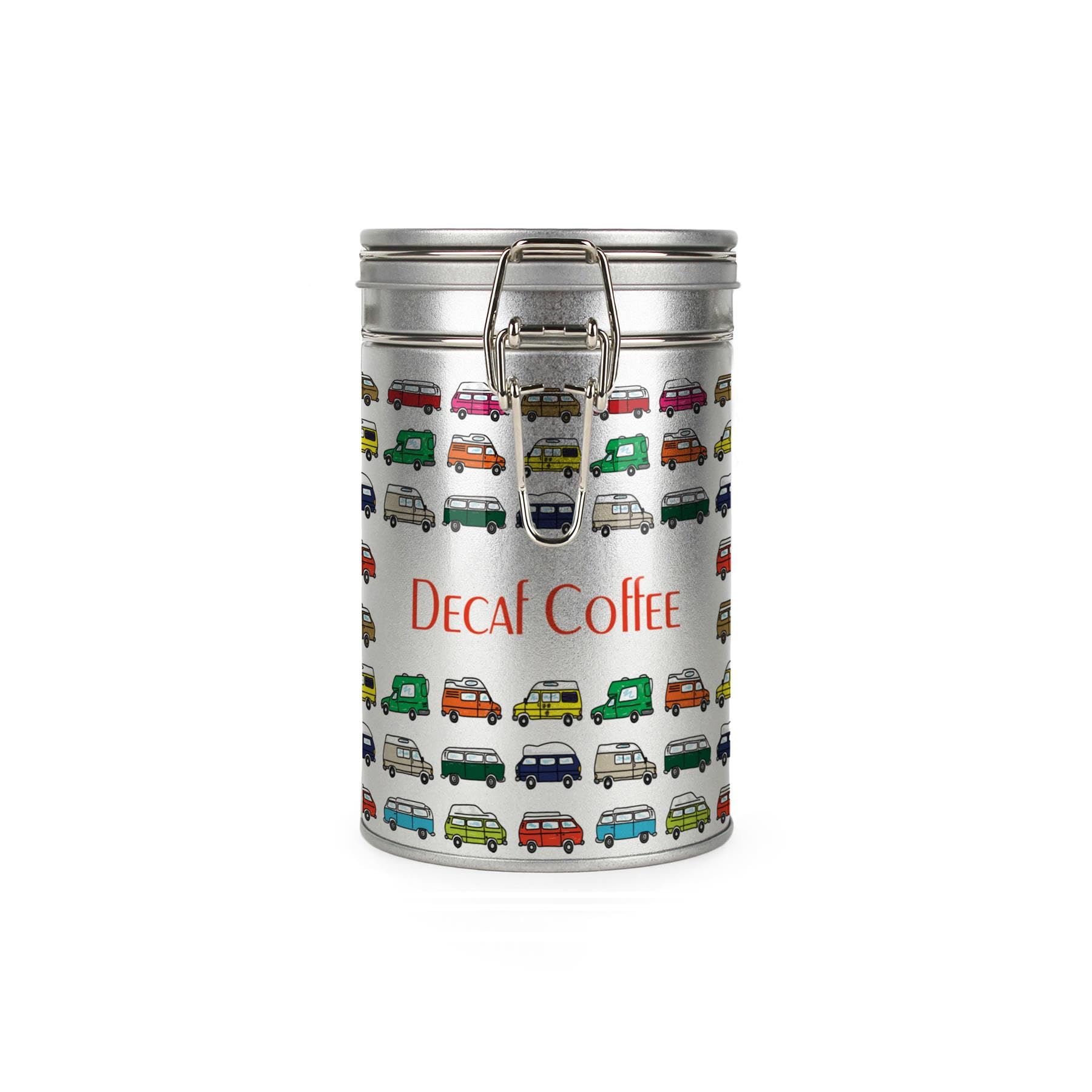 Purely Home Campervans Herbal Tea Canister - Multicoloured Campers Holiday Gifts for Campervan Owners - Silver Metal Clip Lid Kitchen Food/Drinks Storage Jar/Container 600ml (14cm x 8.5cm)
