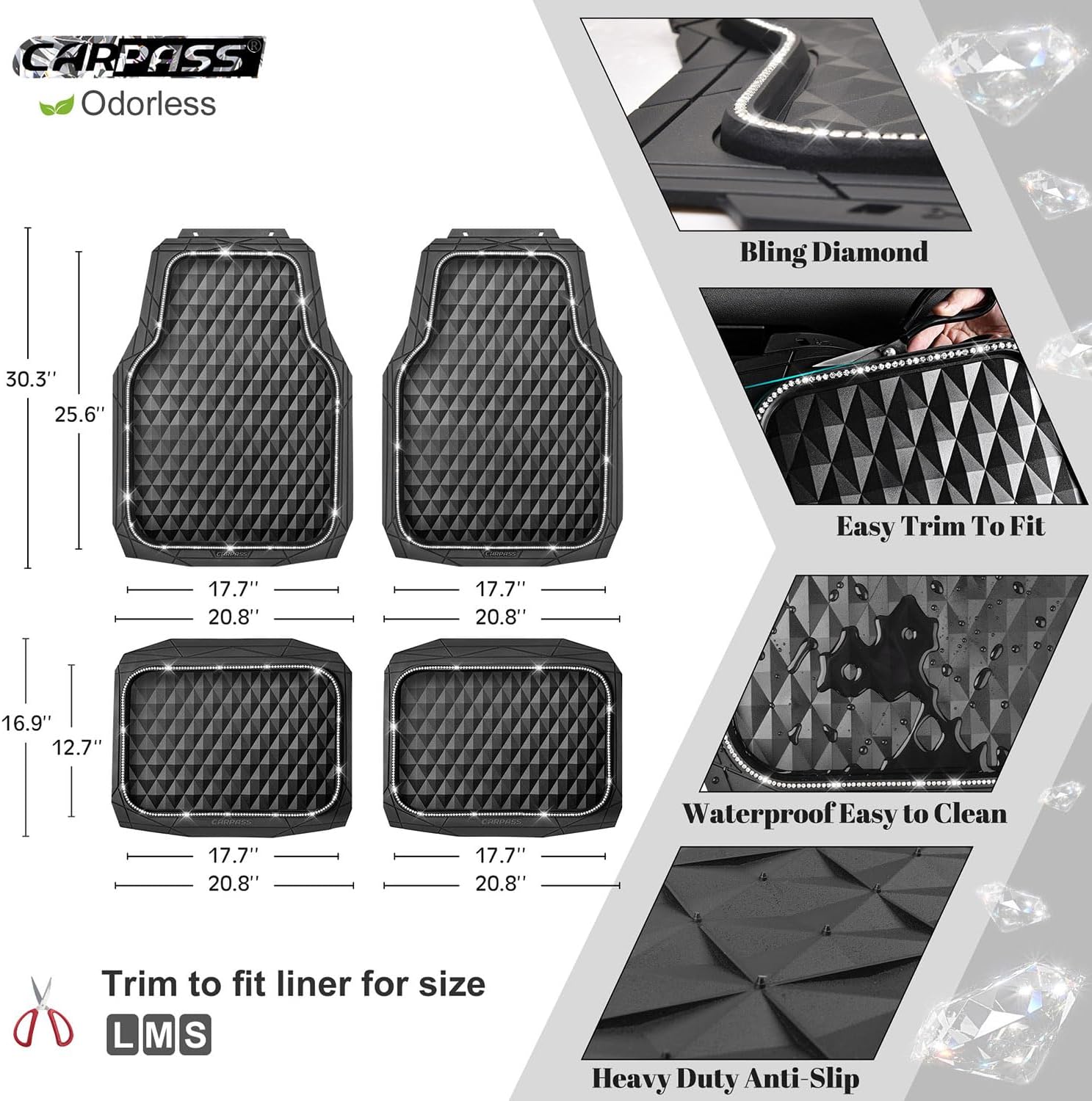 CAR PASS Bling Diamond Rubber Car Mats, Heavy Duty Deep Dish All-Weather Floor Mat Full Set Anti-Slip 3D Rhombus Waterproof Trim Fit Liner Universal Glitter Sparkly Shining Rhinestone, White Diamond - Image 3
