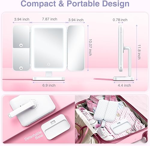 Miniatura 7 de Espejo de maquillaje con 78 luces LED, espejo de tocador iluminado recargable de tres pliegues, 3 modos de iluminación de color regulable, aumento