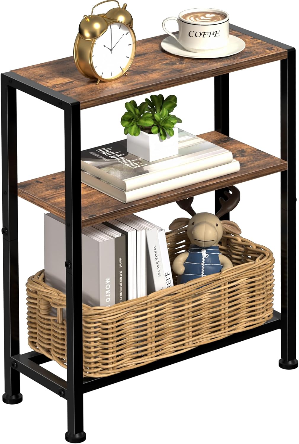 Narrow Side Table for Small Space, 2-Tier Small End Table with Shelf Holder, Slim Nightstand, Skinny Snack Couch Table in Living Room, Bedroom, Study, Kitchen and Balcony (Rustic Brown &Black) 1 Rustic Brown-3tier