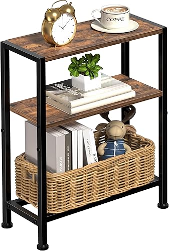 Mesa auxiliar estrecha para espacios pequeños, mesa auxiliar pequeña de 2 niveles con soporte para estantes, mesita de noche delgada, mesa de sofá