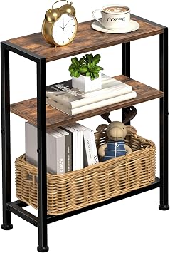 Narrow Side Table for Small Space, 2-Tier Small End Table with Shelf Holder, Slim Nightstand, Skinny Snack Couch Table in Living Room, Bedroom, Study, Kitchen and Balcony Rustic Brown &Black