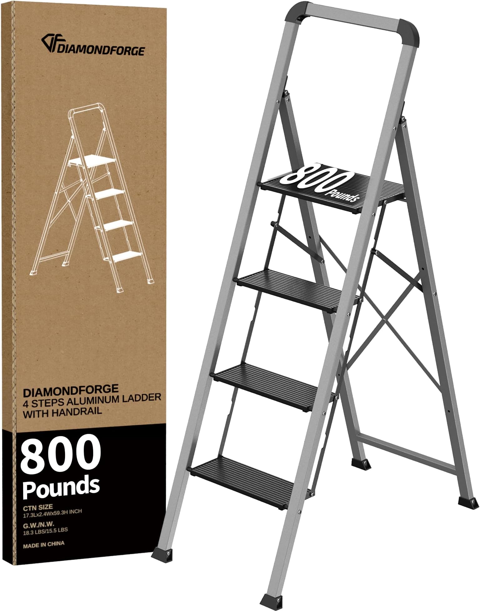 DIAMONDFORGE 4 Step Ladder with Handrail, 800 lbs Capacity Aluminum Ladder, F...