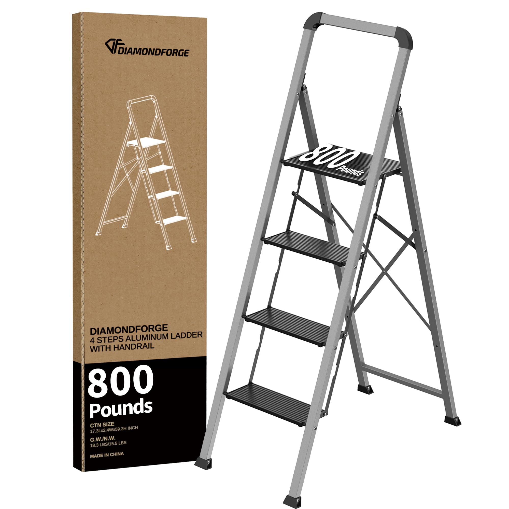 4 Step Ladder with Handrail, 800 lbs Capacity Aluminum Ladder, Folding Step Stool, Anti-Slip Sturdy and Wide Pedal, Lightweight and Portable Stepladder for Home,Office, Grey