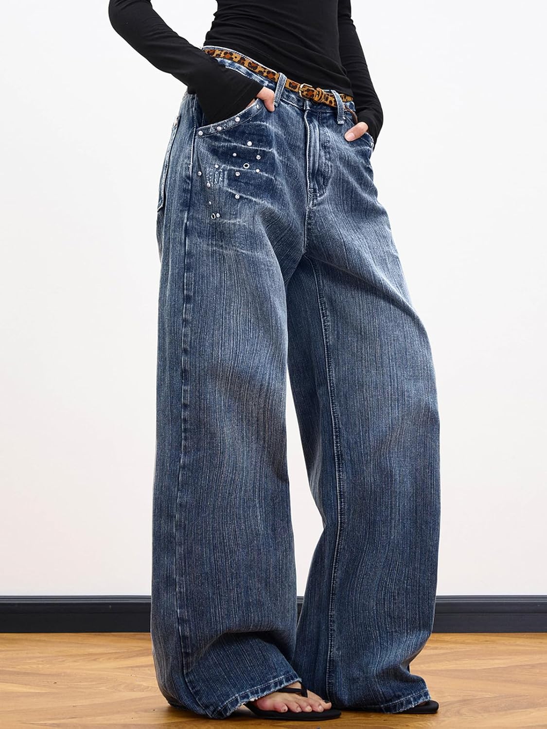 EMMIOL 2026 Women’s Mid High Waisted Wide Leg Jeans Rivet Y2K Baggy Jeans Trendy Loose Straight Denim Pants with Pockets - Image 5