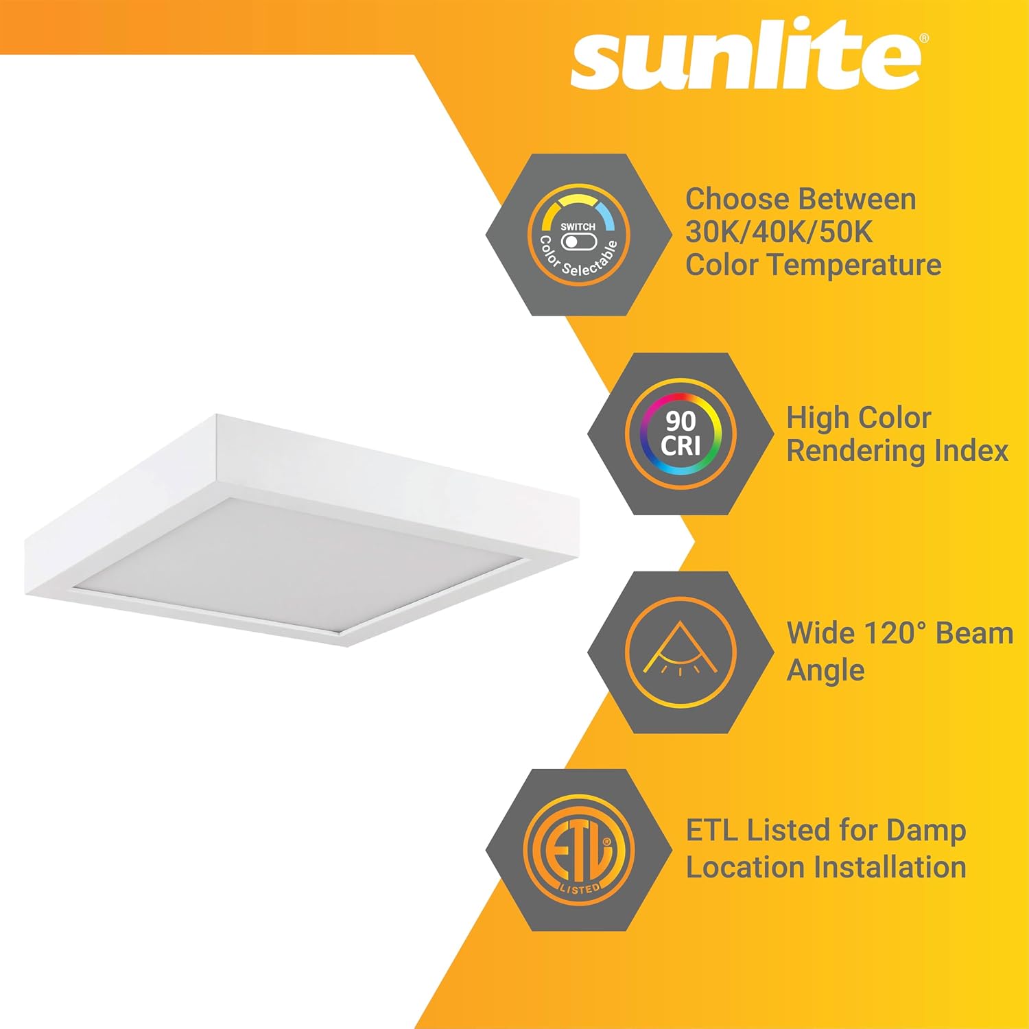 Sunlite LED 5-Inch Square Mini Panel Light Fixture, 10W (50W=), 600 Lmns, 30K/40K/50K Selectable CCT, Dimmable, White Finish, 50,000 Hour Life Span, ETL Listed
