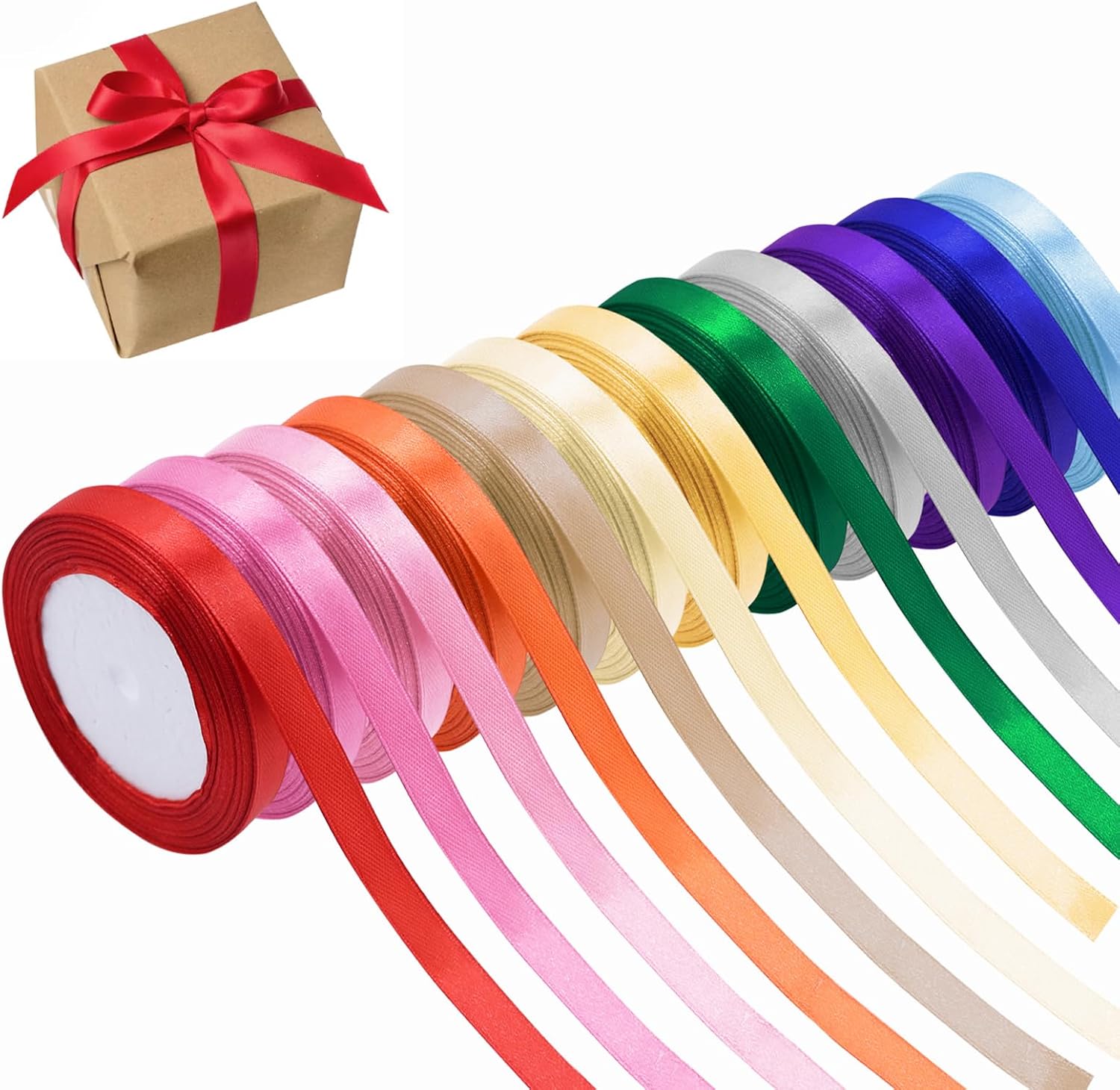 Satin Ribbon 10mm x 22M 12 Colours, Polyester Silk Ribbon, DIY Crafting ...