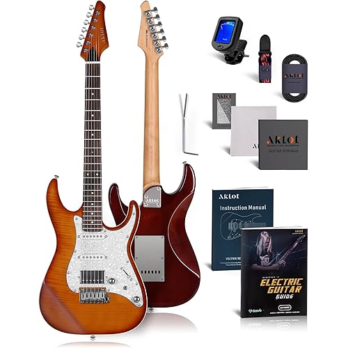 AKLOT Veltrix Electric Guitar Kit: Roasted Maple Neck with Rosewood Fingerboard, Flame Maple Top, Lock Tuners, HSS Alnico 5 Pickups, Coil-Split Switch, 2-Point Tremolo System, Gig Bag, Inferno Burst