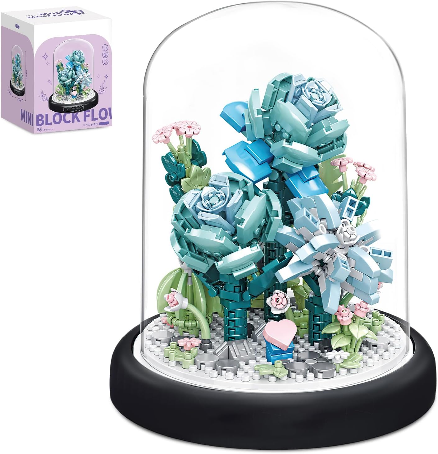 POFIBO Blue Rose Flower Building Blocks Set, fully assembled within its protective clear dome.
