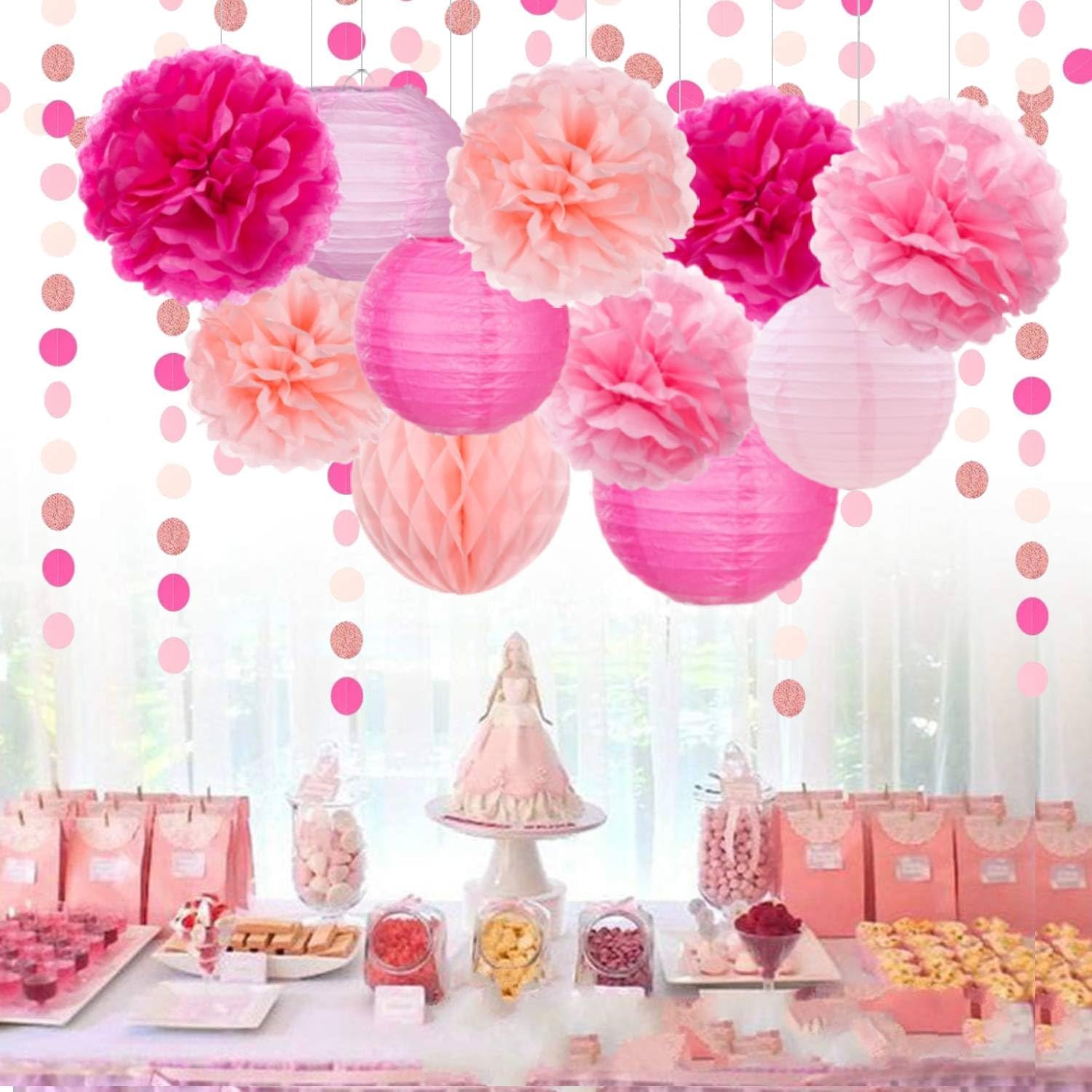 Rose Hot-Pink Party Decorations, Tissue Pom Poms, Paper Lanterns, Honeycomb Ball, Paper Circle Dots Garlands, 13 Pcs Hanging Party Supply Set for Bridal Wedding Birthday Supplies Decor