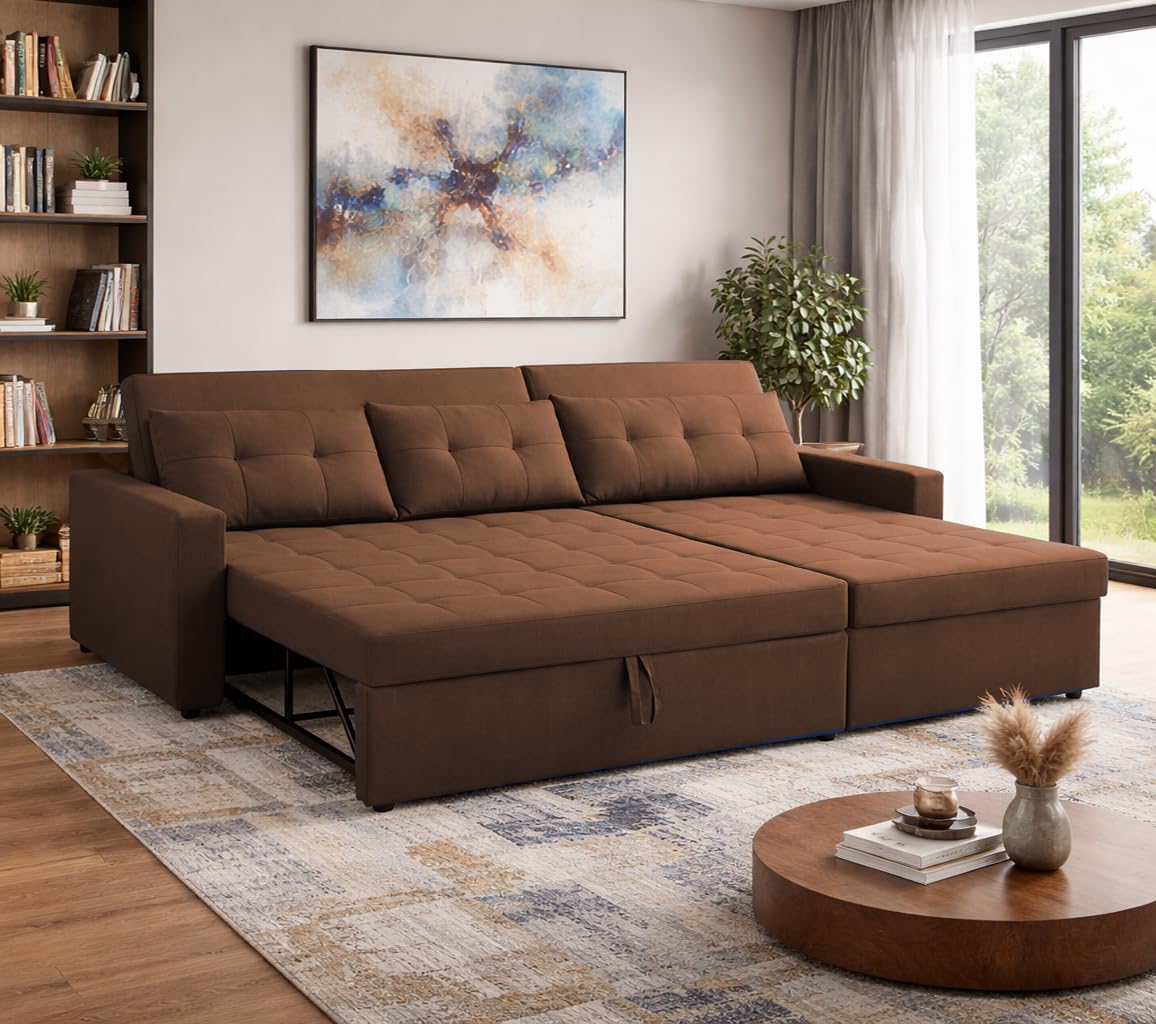 Casaliving Treshta 4 Seater RHS L - Shape Pull-Out Sofa Cum Bed Sofa for Living Room (Brown Fabric Color) Premium Fabric Sofa Set for Living Room Sofa Cum Bed