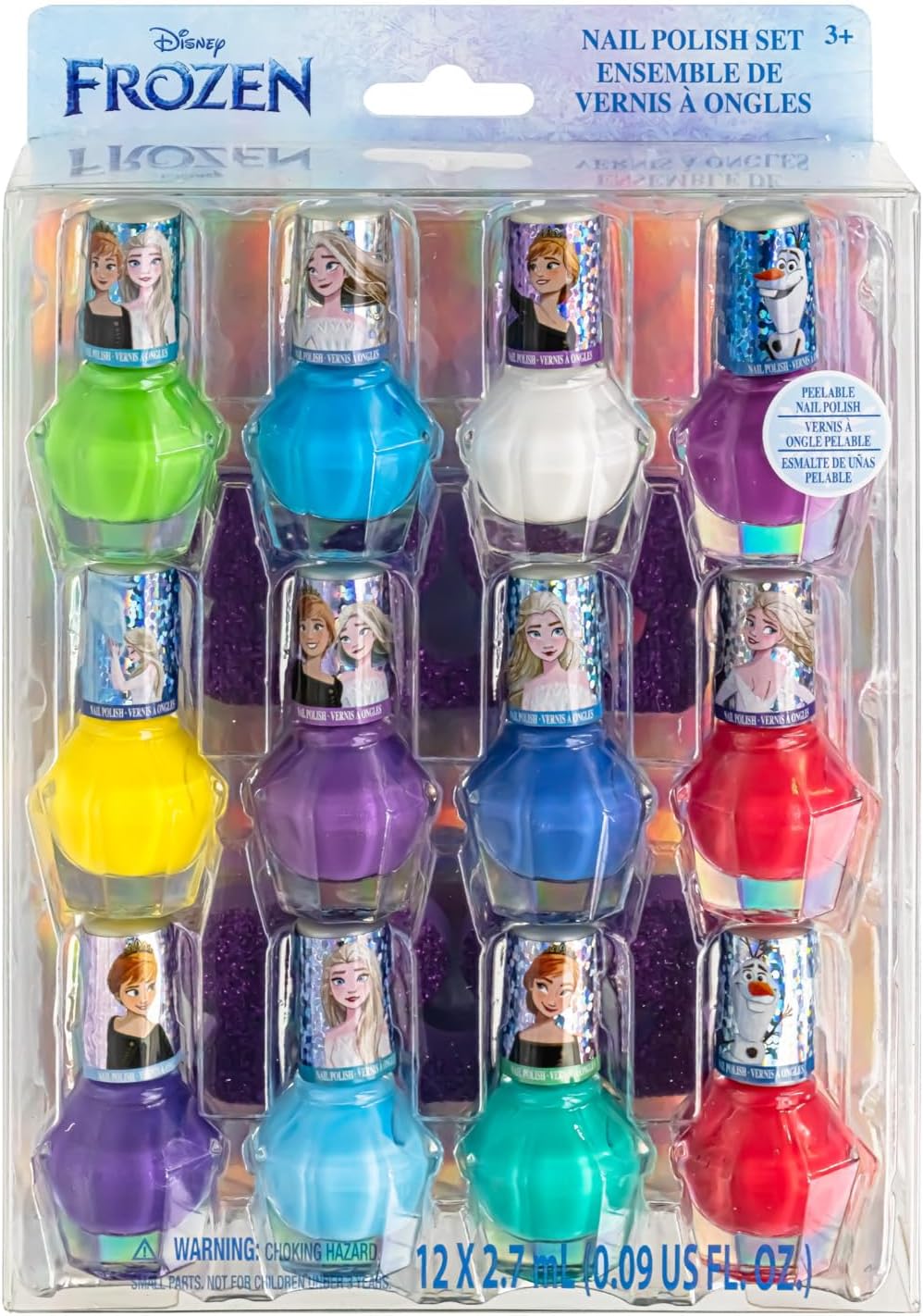Disney Frozen – Townley Girl Non-Toxic Peel-Off Water-Based Natural Safe Quick Dry Nail Polish Gift Kit Set for Kids Girls Set With Bonus Nail Separators, 12 Pieces (All Solid Colors)