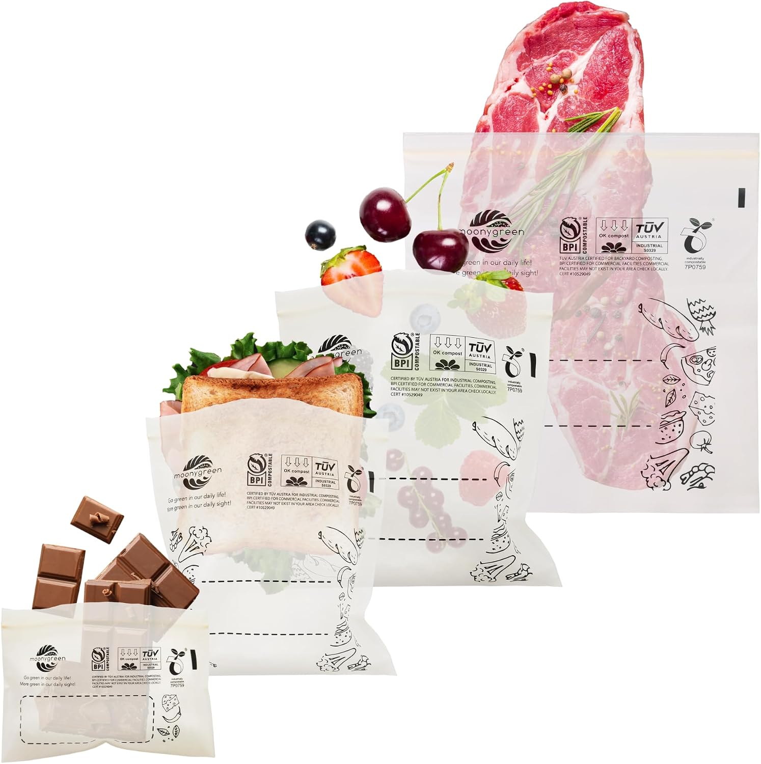 Compostable Food Storage Bags, Resealable, 50 Snack, 50 Sandwich, 30 Quart, 30 Gallon, PFAS & BPA FREE, Certified US BPI ASTM D6400 Europe OK Compost