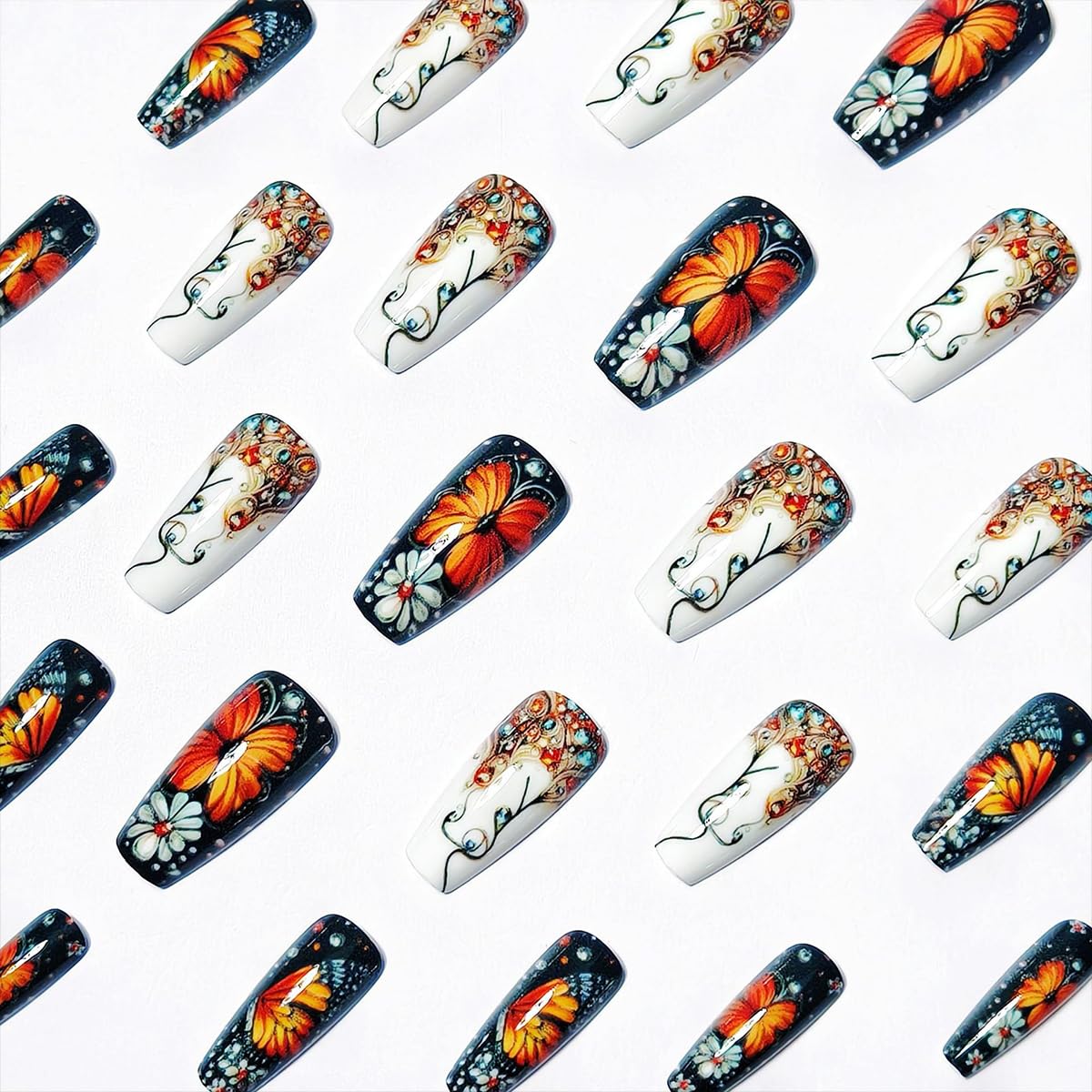 Colorful Gradient Press on Nails Butterfly Fake Nails Medium Long Coffin Acrylic Stick on Nail Cute False Nails Reusable Full Cover for Women Girls 24PCS image 2
