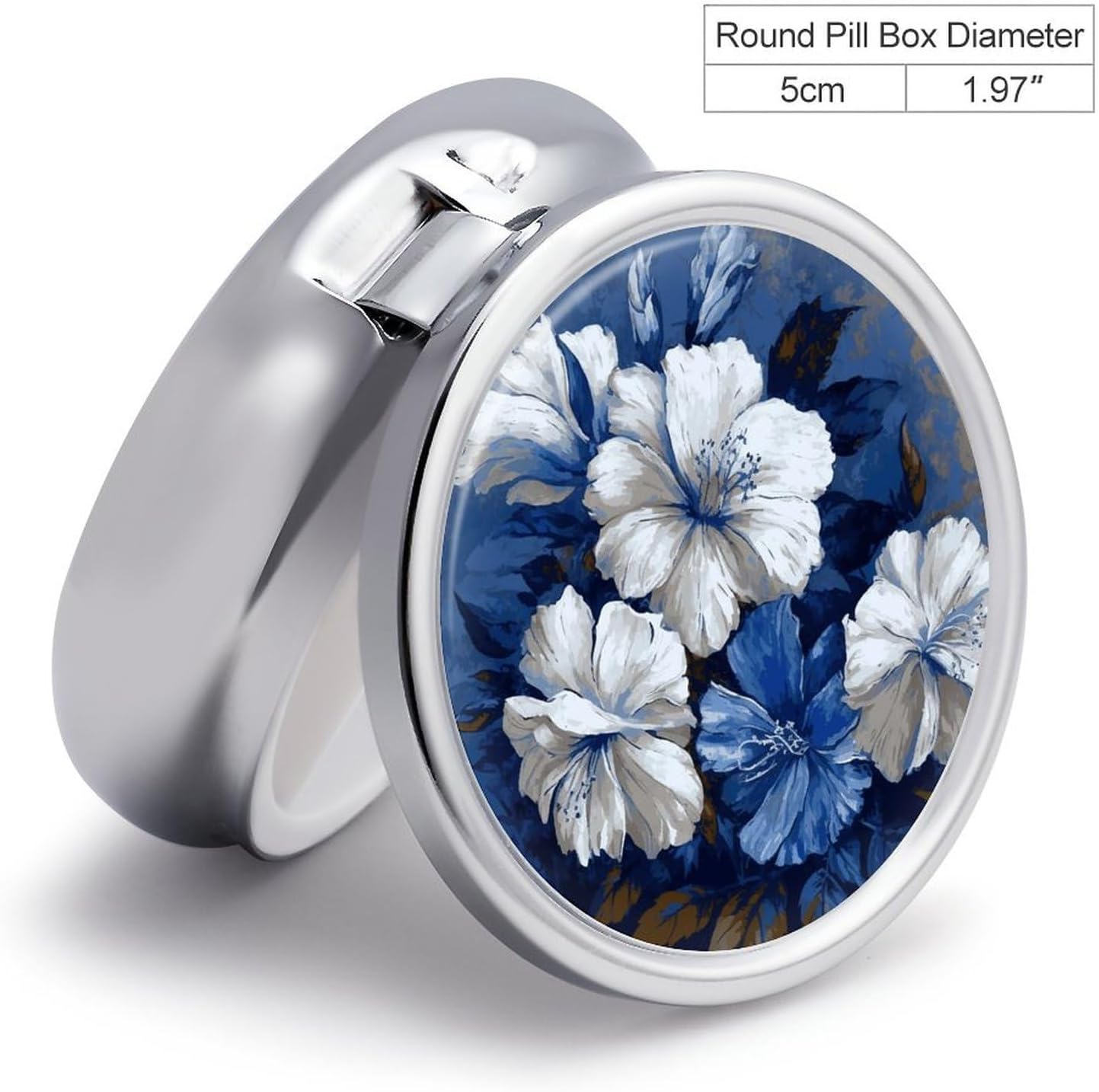 Blue White Flowers Round Pill Box with 3 Compartments & Mirror image 2