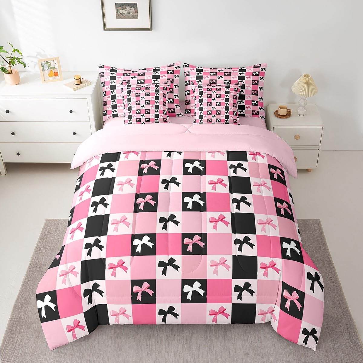 Feelyou Bowknot Bedding Set Queen Size Dreamy Princess Style Comforter Set 7 Pieces Pink Plaid Cute Bow Girly Geometric Bed in a Bag Kawaii Bow-tie Bed Set with Comforter, Sheet Set, Pillowcases