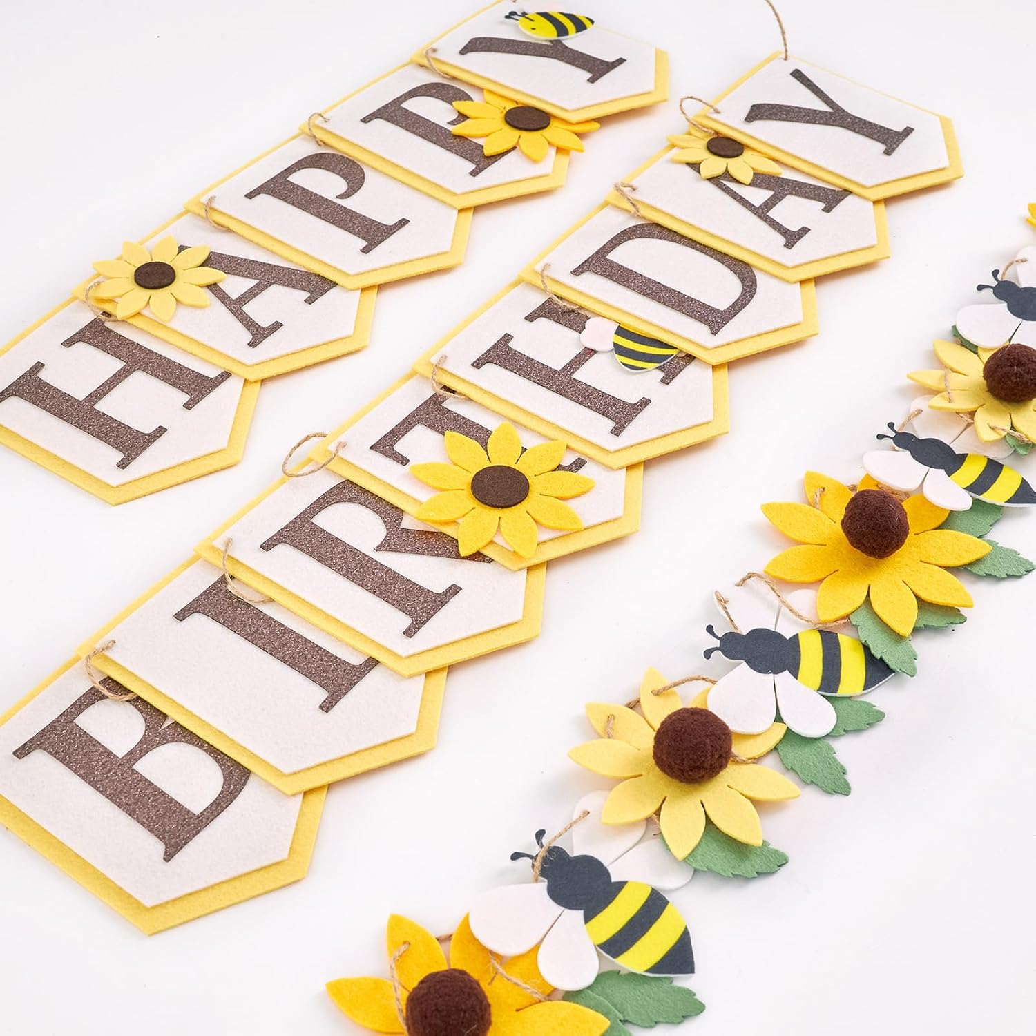 3PC Felt Sunflower Happy Birthday Banner,Party Decorations Pre-Strung 3D Birthday Sign with Bee Handmade Felt Garland Reusable for Girls Women Boys Wall Photo Backdrop Spring Summer Garden Decor