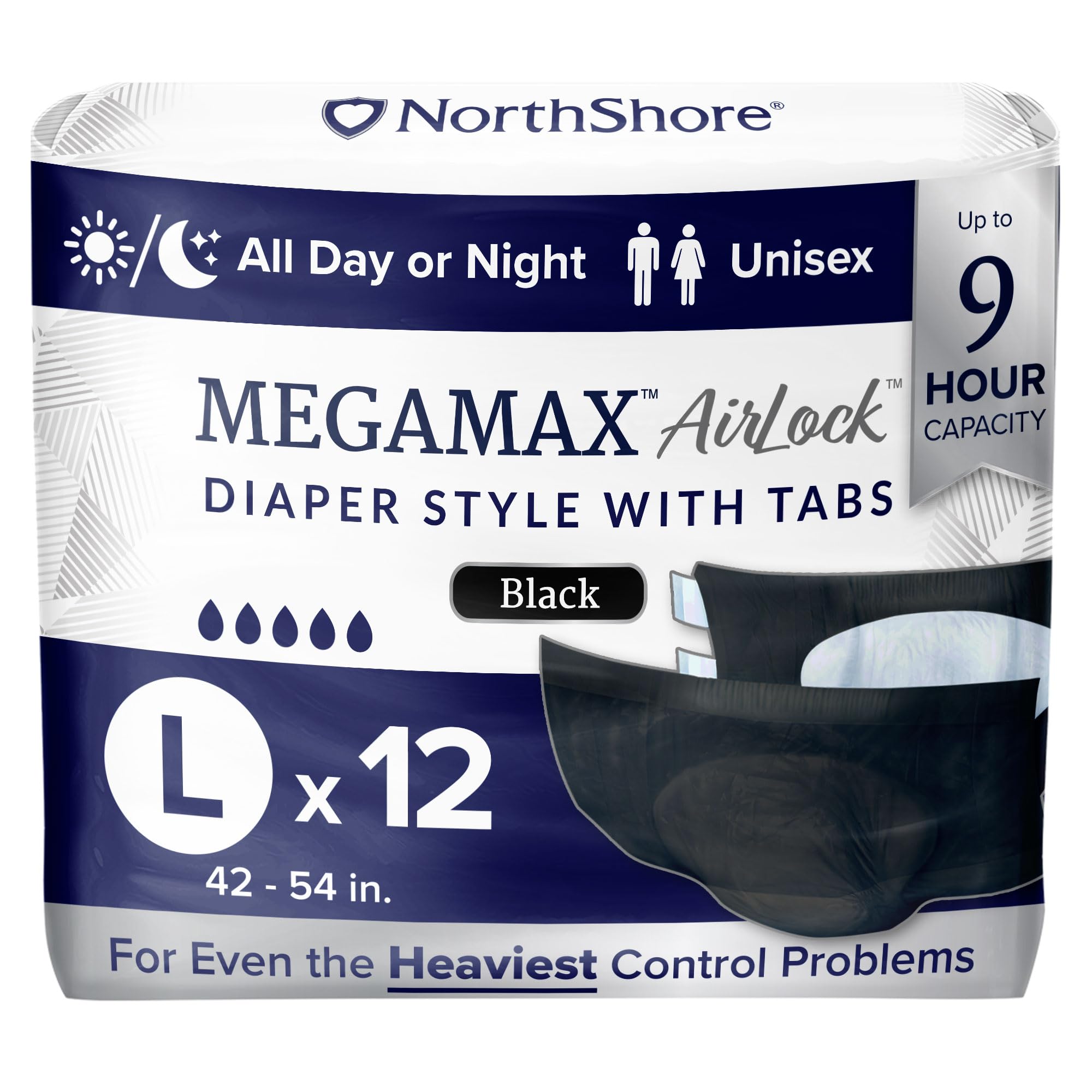 NorthShore MegaMax AirLock Breathable 9-Hour Heavy-Duty Tab-Style Adult Diapers, Large, 12 Count Bag, Black, 42-54 inches, Unisex Incontinence Underwear