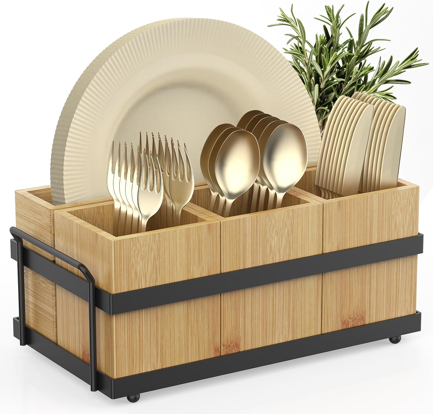 Silverware Caddy for Party, Silverware Holder with 4 Removable Compartments for Countertop Organizing Utensils, Paper Plates, Flatware, Wood Sevring Caddy