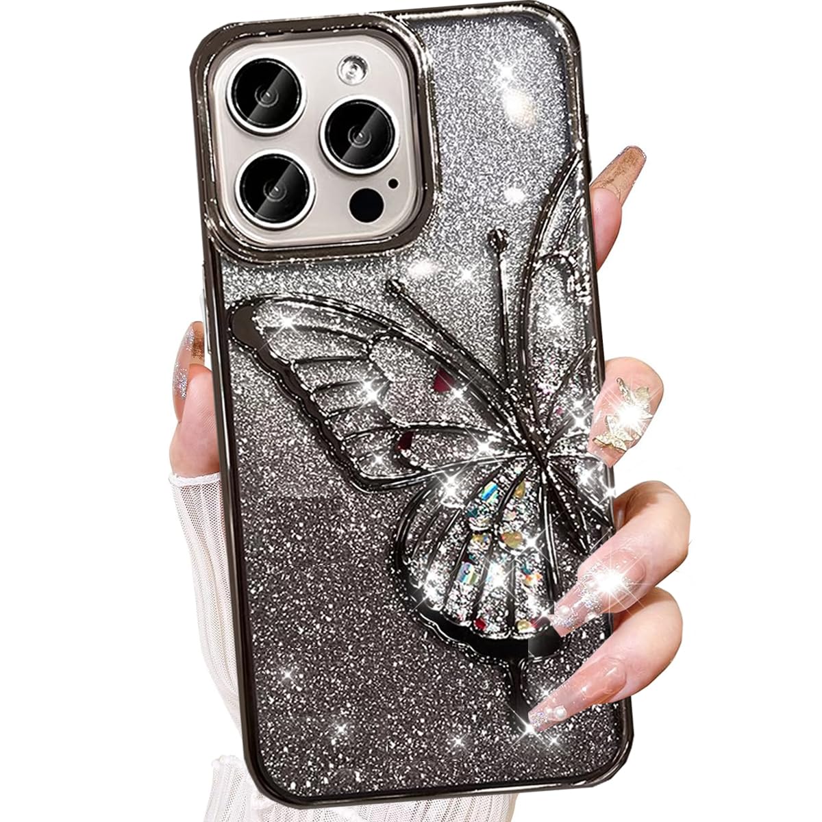 Changjia for iPhone 16 Pro Max Glitter 3D Butterfly Case,Cute Luxury Bling Sparkly Liquid Flowing Case Soft TPU Plating Bumper Shockproof Women Girls