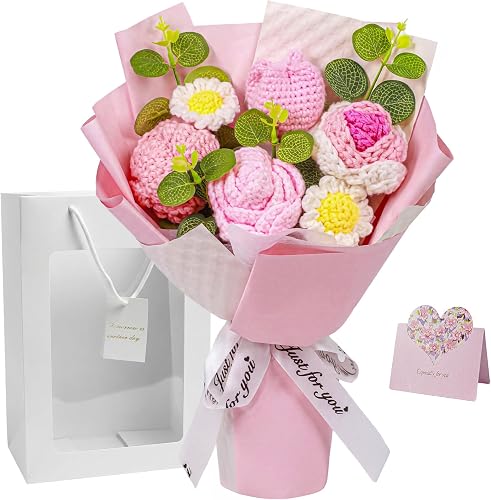Blush Pink Crochet Flower Bouquet, Handmade Gift for Her | Handmade blush pink crochet flower bouquet with rose and tulip details, a lasting gift for her.