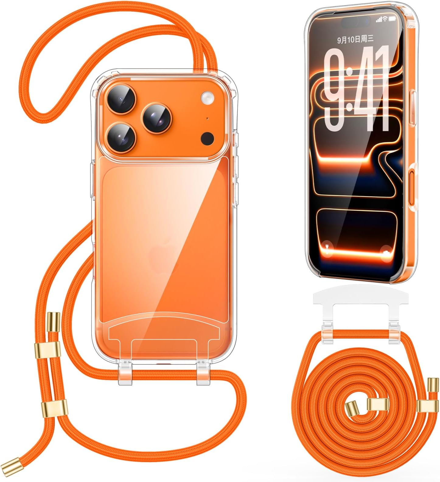 – Crossbody Lanyard Case for iPhone 17 Pro with Strap, Adjustable and Removable Strap, Transparent Case with Cord for Hanging on the Neck for Outdoors & Hiking | Freedom for Your Hands, Orange