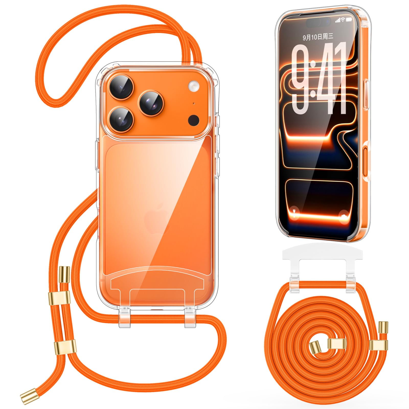 OLEPHY Handykette mit Band für iPhone 17 Pro Max Hülle, Verstellbarem und Demontage Band, Transparente Case mit Kordel zum Umhängen für Outdoor & Wanderungen | Freiheit für Hände, Orange