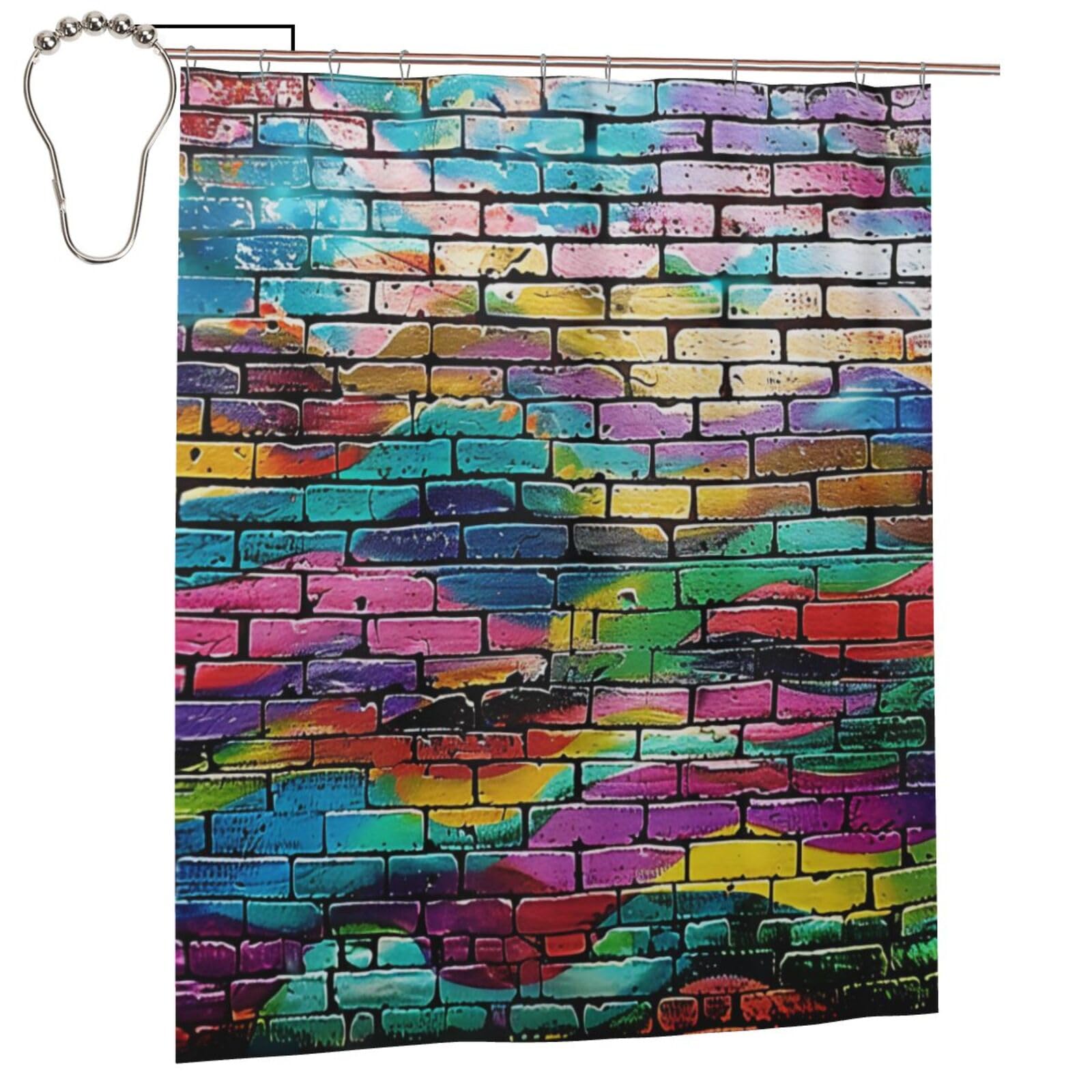 BWWHCCTI Graffiti Colorful Brick Printed Shower Curtain With 12 Iron Hooks Opaque Quick Drying Waterproof Shower Curtains Sets For Bathroom 152x183 Cm