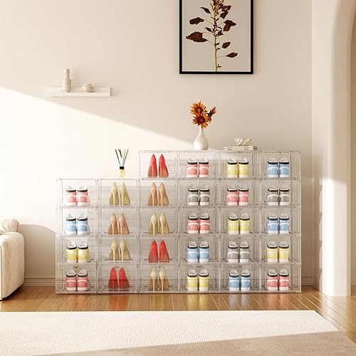 Miniatura 2 de Paquete de 8 organizadores de almacenamiento de zapatos XL, cajas de plástico transparente, apilables, material grueso, fácil de montar, ajuste para