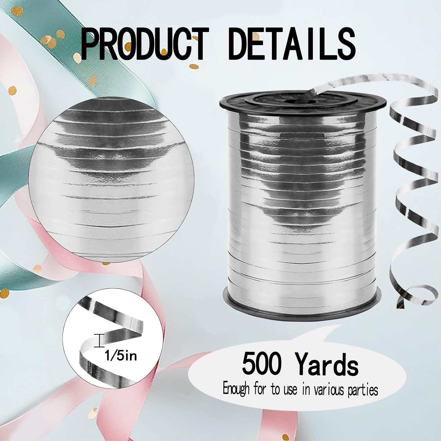 500 Yards Curling Ribbon,1/5 Inch Shiny Silver Ribbon,Balloon String, Party Decoration,Ribbons for Florist Flower Bows for Graduation Supplies
