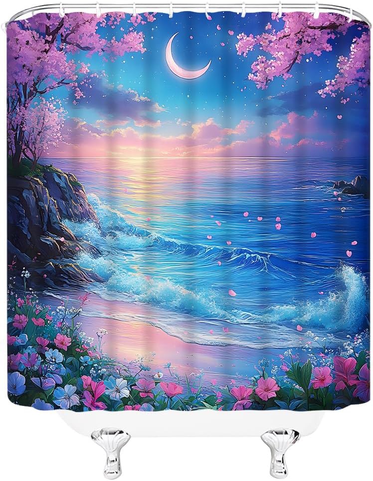 Moon Ocean Beach Shower Curtain Fantasy Blue Starry Night Sky Pink Cherry Blossom Floral Coastal Moonlight Sea Wave Dreamy Bathroom Decor Polyester Fabric Curtains with Hook 70Wx80H Inches