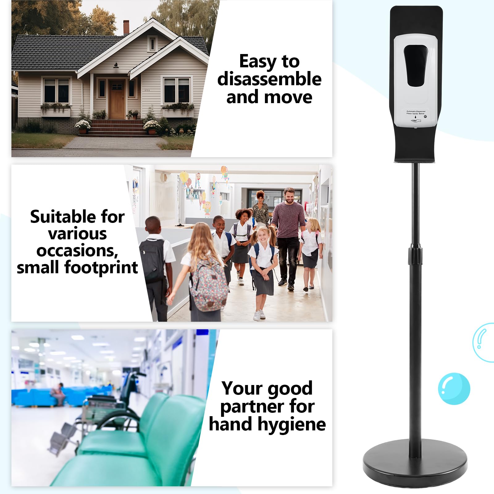 Blulu Paquete de 2 dispensadores automáticos de desinfectante de manos/jabón, dispensador de jabón con sensor automático sin contacto blanco y estación de desinfección de soporte negro con soporte de