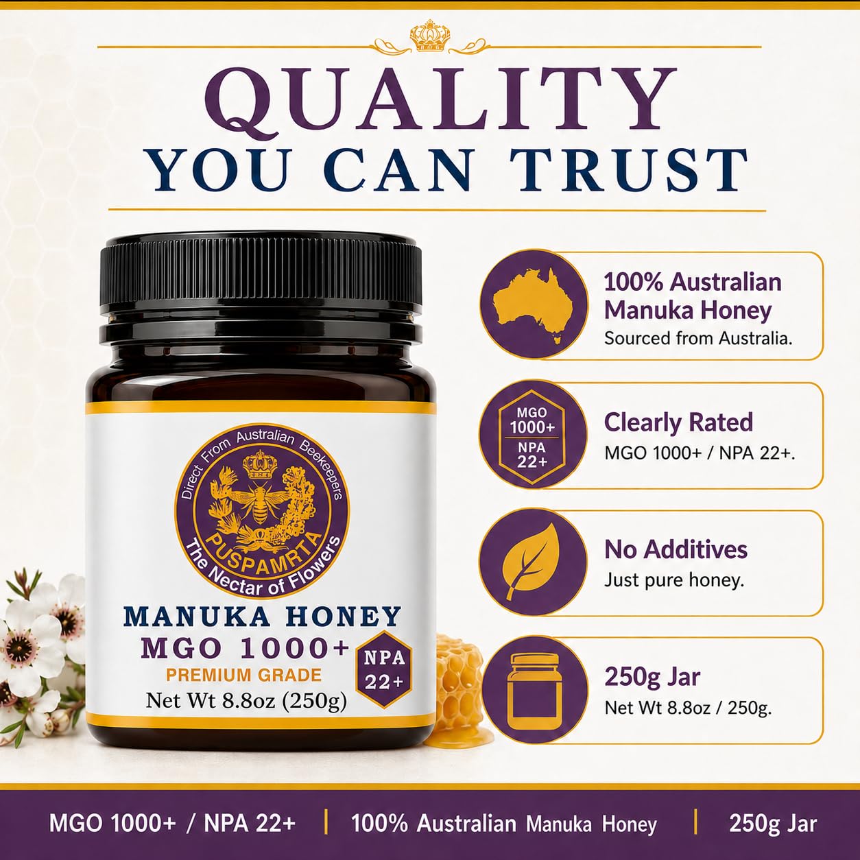 Puspamrta Australischer Manuka Rohhonig MGO 1000+ NPA 22+ 250g | MGO 1000+ NPA 22+ Australian Manuka honey, 250g jar for tea, toast, breakfast and pantry use