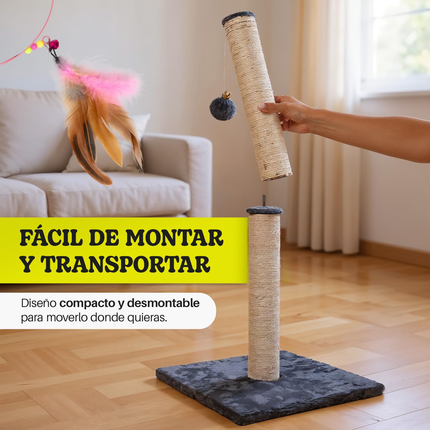 Rascador para Gatos Grandes de Interior, Poste Rascador de Sisal 74 cm con Cascabel en la Bola Colgante, Incluye Juguete de Plumas para tu Gato, Ideal para Afilado de Uñas y Diversión