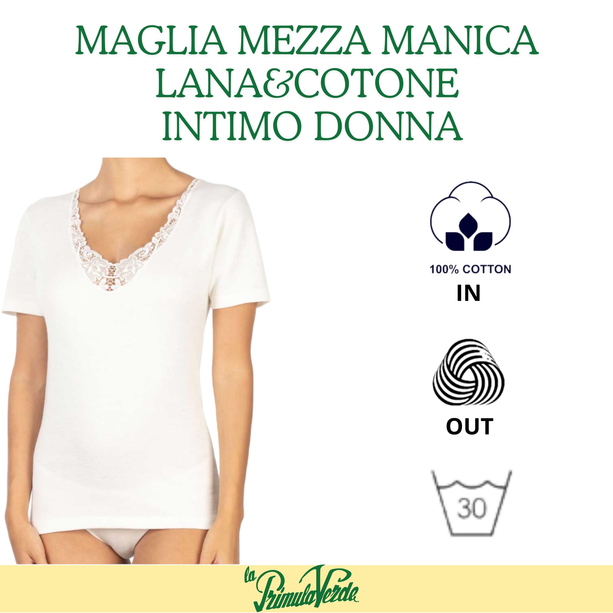 Maglia Donna Mezza Manica Lana e Cotone con Pizzo, Canotta Mezza Manica Termica Intima Donna, attività Sportiva Invernale, Caldo dalla 3 alla 8