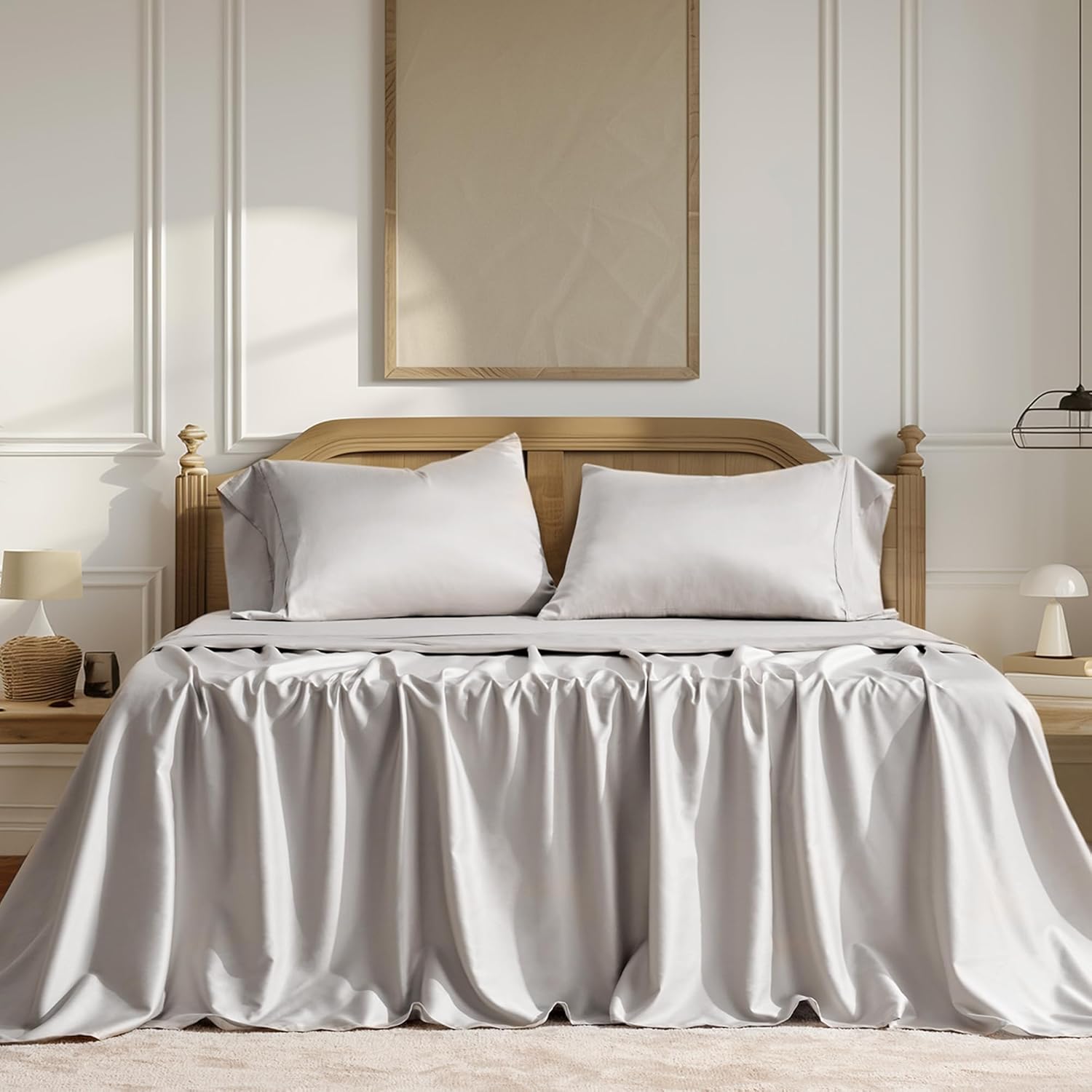 EVERGRACEHOME Cotton Tencel Queen Size Cooling Sheet Set for Hot Sleepers, Soft Sateen Weave Organic Eucalyptus Lyocell Bedding Set 4-Piece, 1 Flat & 1 Deep Pocket Fitted Sheet, 2 Shams, Frost Gray