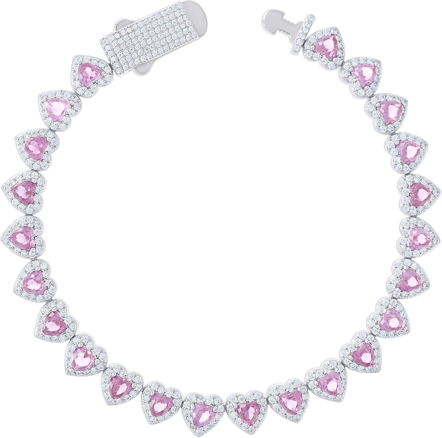 Jewels By Lux Sterling Silver Womens White Pink Heart Round Cubic-Zirconia Hearts Link Bracelet Size 7 Inches