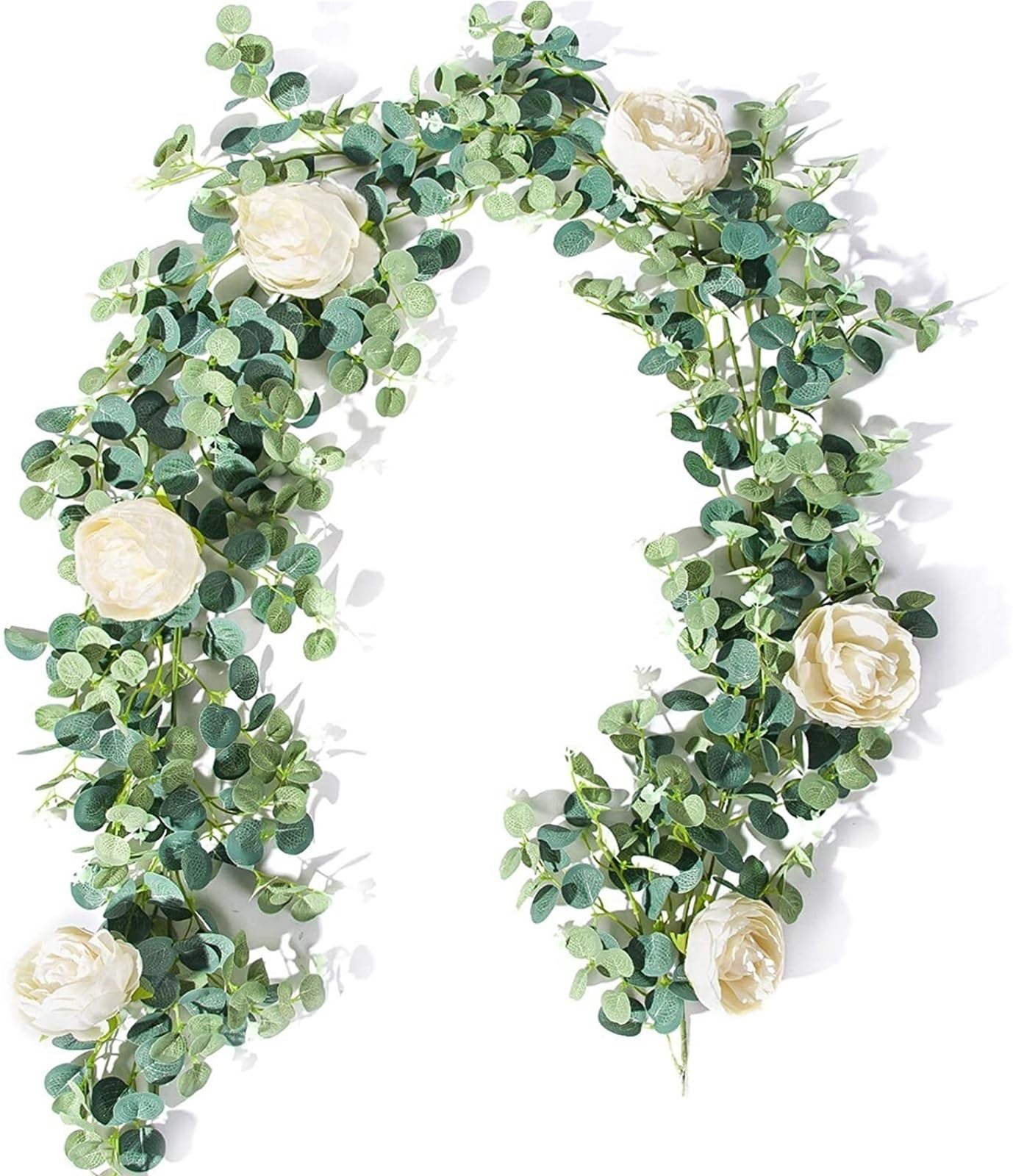 Künstliche Eukalyptus-Girlande mit weißer Pfingstrose – perfekt für Hochzeiten, Geburtstage und Heimdekoration (1 x rosa Rose)