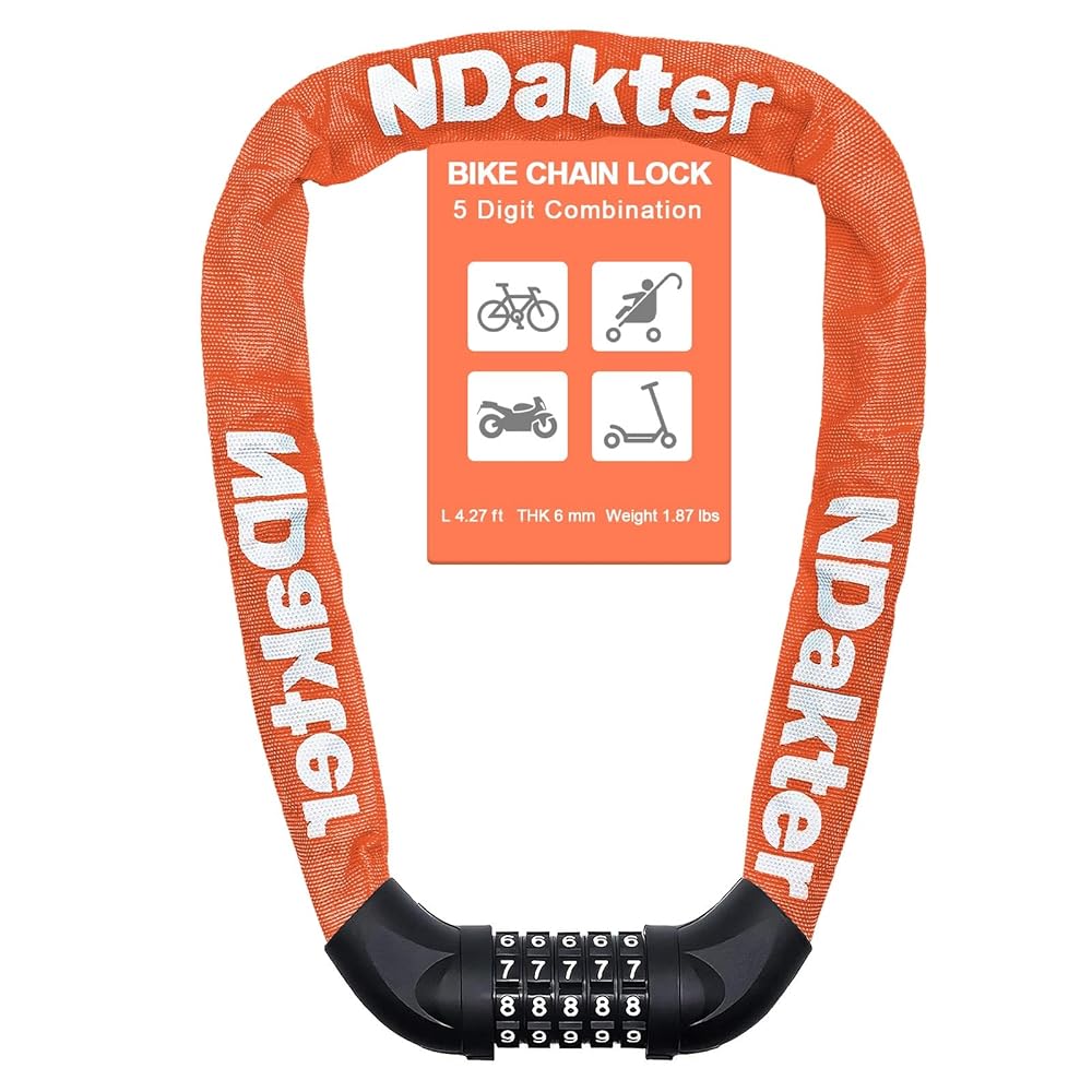 NDakter Bike Lock, 5 Digit Combination Heavy Duty Anti Theft Bicycle Chain Lock, 2.62/3.2/4.27/5/6Ft Long, High Security Resettable, Suitable for Bike, Scooter, Door, Gate, Fence-4/6mm Thick