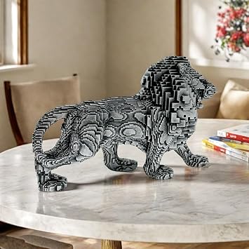 3D Geometric Lion Sculpture, 9.8 x 6.1 x 3.1 inches, Decorative Art Statue, Bronze Silvery