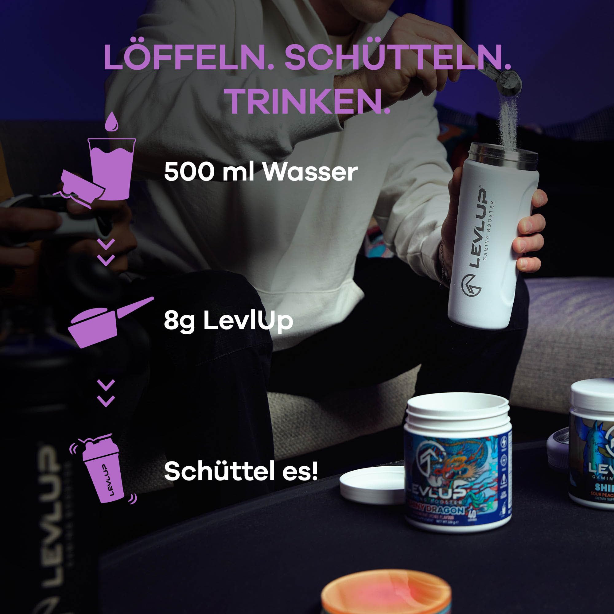 LevlUp Galaxy Edition Gaming Booster - Energy Drink für Gamer - Mit Taurin, Koffein, L-Tyrosin, Vitamin B12 - Açaí, Heidelbeere und Granatapfel - 320g - 40 Portionen